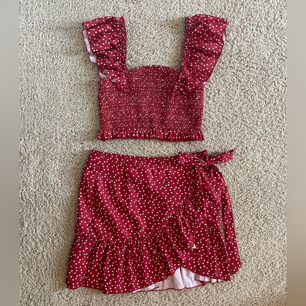 SET!  SHEIN Heart Print Ruffle Crop Top & Mini Skirt